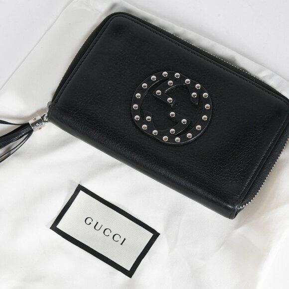 Gucci Soho Black Leather Studded Zip Wallet with Logo Detail - Picture 1 of 14